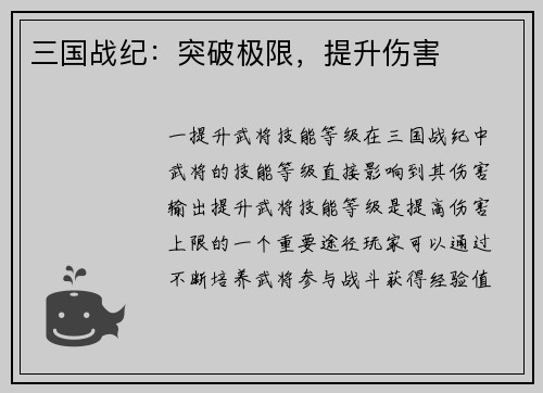 三国战纪:突破极限,提升伤害